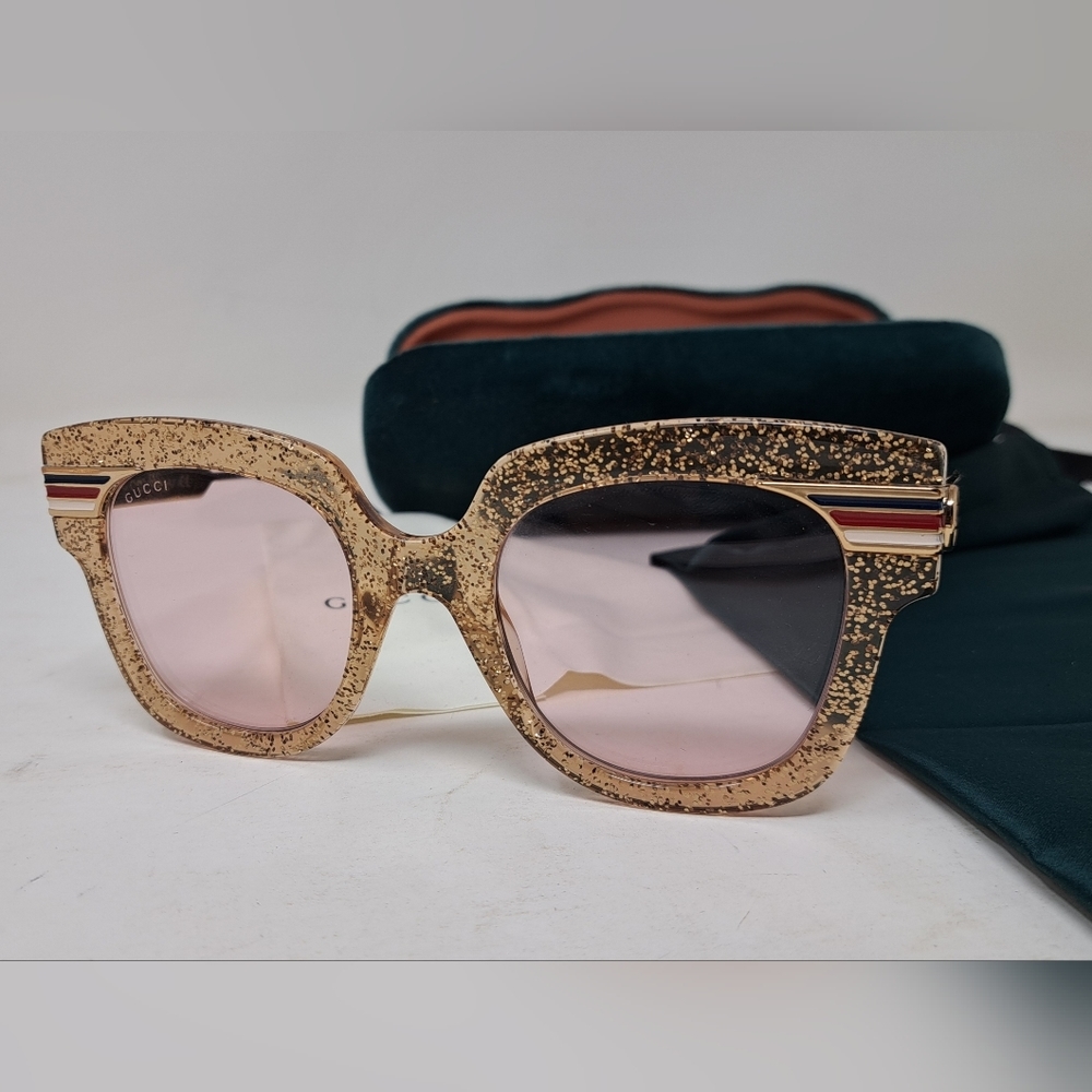 Gucci Women's Sunglasses Gold Glitter Web Stripe Square GG0281SA 004 50-23-146 - Picture 2 of 15